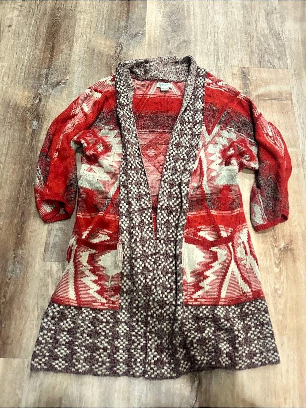 Lucky Brand Geometric Knit Cardigan Sweater in Red & Brown Size XS